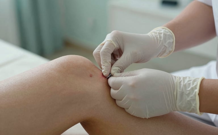 A professional close-up of a healthcare provider's hands, wearing nitrile gloves, performing a wound assessment on a patient's lower leg. The background shows a hint of a comfortable home environment with Soft Aqua Mist accents. The composition focuses on the precision and expert care of the provider.