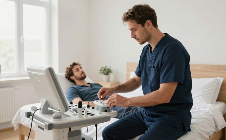 A wide-angle professional photograph of a mobile wound care specialist in a Deep Navy Blue uniform setting up advanced medical equipment in a Bright Off-White bedroom. The patient is sitting comfortably, looking relieved. The lighting is bright and clean, emphasizing trust and convenience.