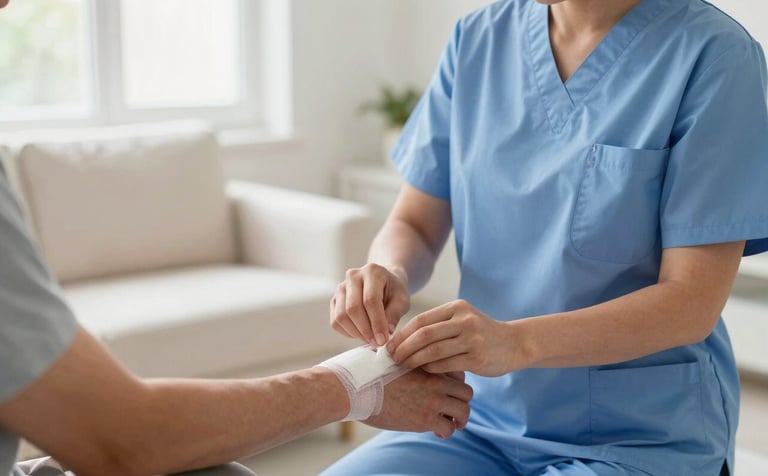 A high-quality clinical photograph of a medical professional in a Calm Steel Blue scrub top gently applying a sterile bandage to a patient's forearm. The scene is set in a sunlit, Bright Off-White living room, emphasizing comfort and home-based care. The lighting is soft and natural, conveying empathy and clinical excellence.