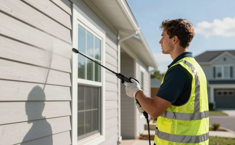 A professional technician in high-visibility gear using a soft-wash sprayer on the siding of a modern suburban North American home during a bright, clear day.
