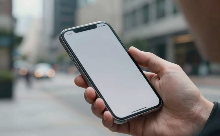 A close-up photograph of a person in a modern North American urban setting holding a sleek silver smartphone. The screen shows a clean, user-friendly mobile interface with a sophisticated light grey color palette.