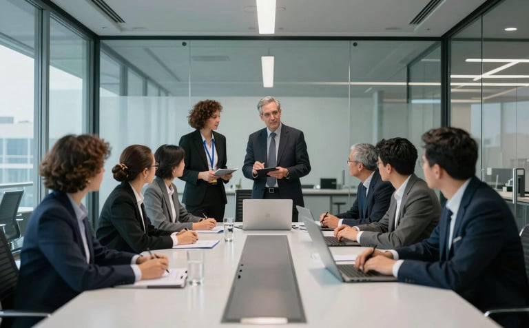 A professional team of specialists collaborating in a high-tech, glass-walled conference room in the United States. The atmosphere is innovative and clean, with silver and dark grey architectural elements.
