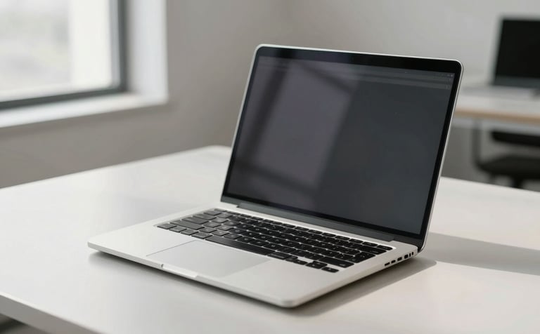 A clean, minimalist North American office setting featuring a high-end laptop on a light grey desk. The lighting is bright and natural, reflecting a sophisticated and professional tech environment with silver and off-white tones.