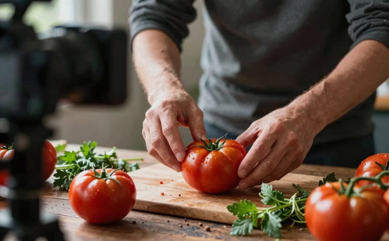 Behind-the-scenes shot of a content creator arranging fresh heirloom tomatoes and herbs on a rustic surface, soft lighting, professional camera equipment visible, capturing the authentic artisanal process.