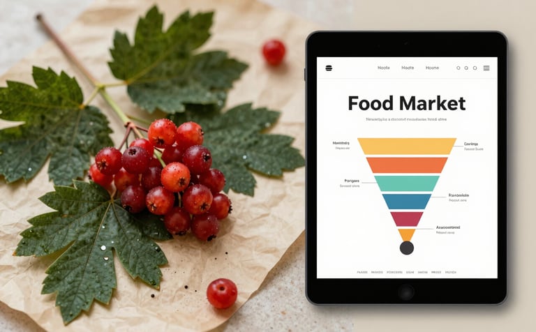 A professional mood board for a food market, featuring textures of dark green leaves, crimson berries, and parchment paper, with a digital tablet showing a marketing funnel, warm and authentic atmosphere.