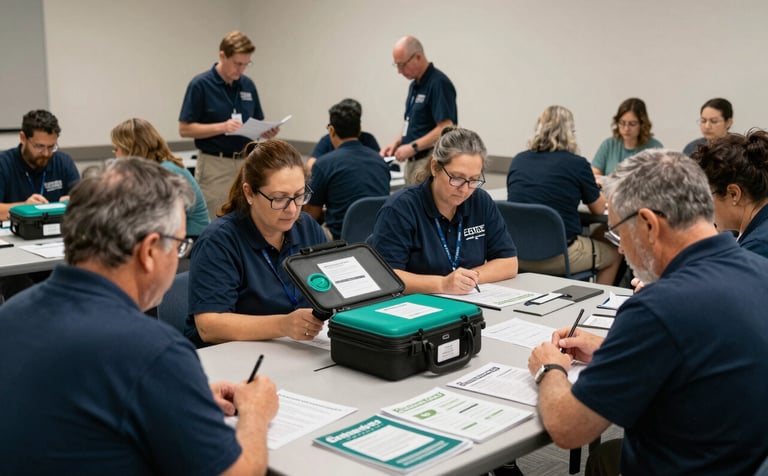 A high-resolution photograph of an emergency preparedness workshop in a community center in The Plains, Ohio, North American / US. Community members are gathered around tables with emergency kits and training manuals. Professional, soft lighting, highlighting a sense of unity and readiness. Colors incorporate dark blue and teal accents from the palette.