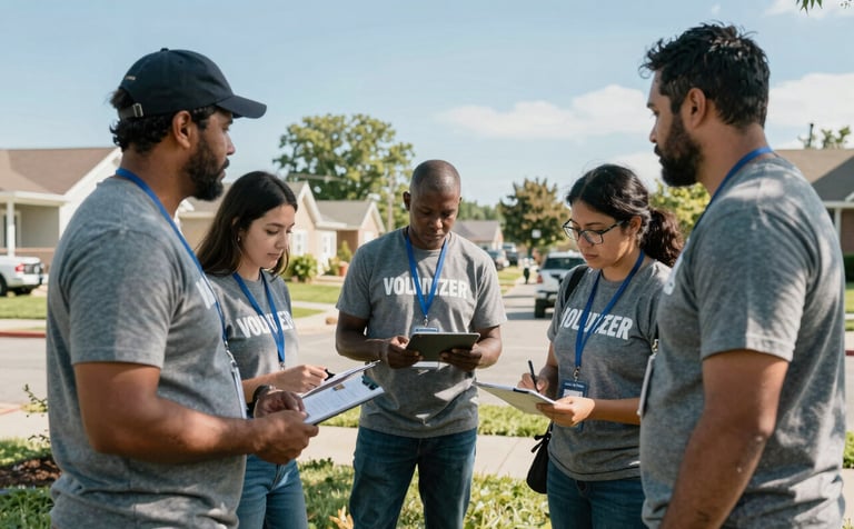 A documentary-style photograph of community volunteers collaborating in a North American / US suburban neighborhood. They are organized and focused, wearing professional volunteer identification. Bright, natural daylight creates a sense of hope and resilience. Colors feature gray blue and light blue sky tones.