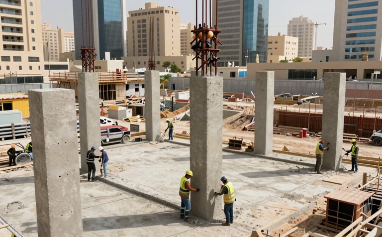 A high-angle professional photograph of a modern construction site in a Saudi Arabian city. Construction workers in safety equipment are coordinating the pouring of concrete for foundation columns. The lighting is bright and clear, highlighting textures of ivory and soft grey-beige materials under a bright sky.