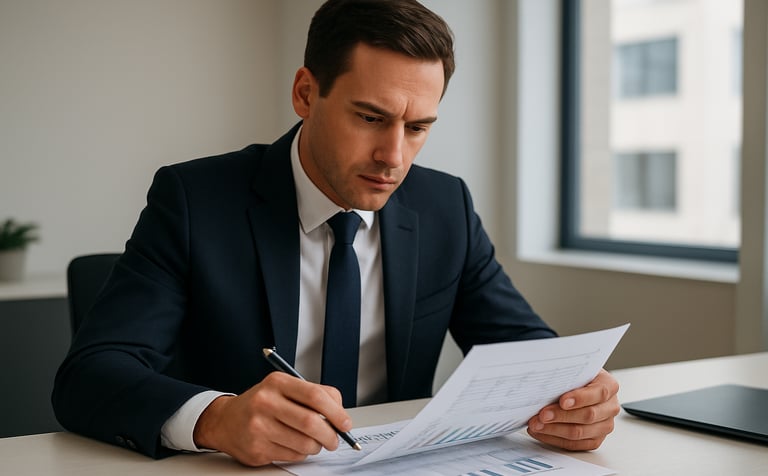 A focused consultant in professional attire reviewing a structured financial document on a clean, modern desk in a bright North American office. The lighting is natural and sophisticated, with a palette of off-white and dark blue.