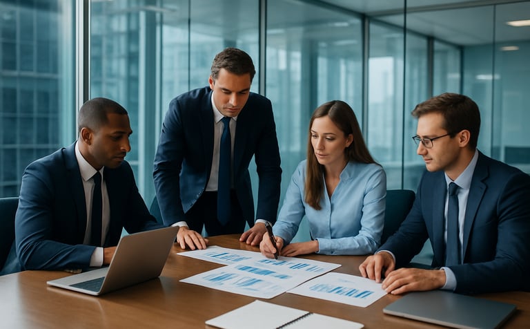 In a sophisticated glass-walled North American conference room, a team of professional advisors collaborates on forward-thinking financial strategies. The aesthetic is clean and modern, featuring light blue and dark blue accents.