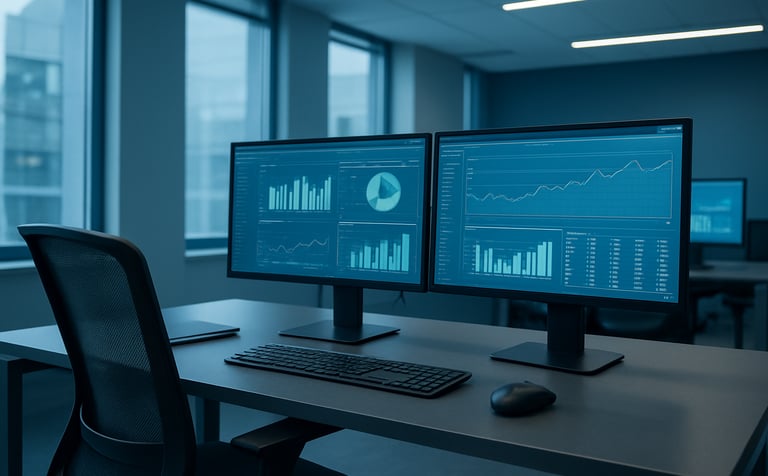 A high-tech North American workspace featuring a clean, wide-angle shot of professional computer monitors displaying integrated ERP financial dashboards. The room is sleek and efficient, highlighted with medium blue and light blue tones.