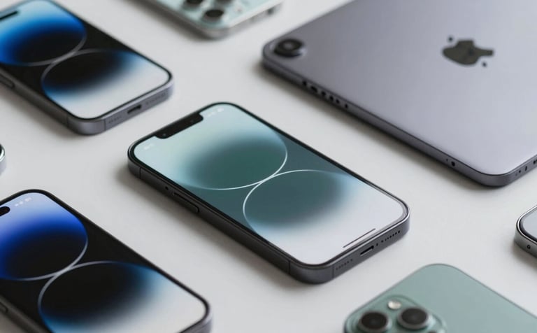 A collection of modern mobile smartphones and tablets neatly arranged on a light grey surface, reflecting a sense of precision and variety. The screen of the primary device shows a performance graph. Sophisticated style with #367C89 and #1A202C tones.