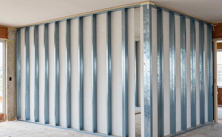 A high-end North American interior construction site with professional metal stud partitions and drylining boards perfectly installed. Bright, even lighting highlights the clean, technical precision of the build. Modern and reliable mood with Steel Blue and Off-white accents in the setting.