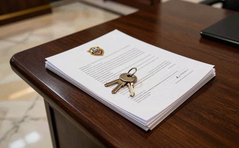 A high-authority legal setting in a South American / Ecuadorian law firm. A heavy dark wood table features a stack of official court documents and a set of keys, representing legal power and control. Shadowy, corporate atmosphere with soft golden highlights reflecting off a marble floor.