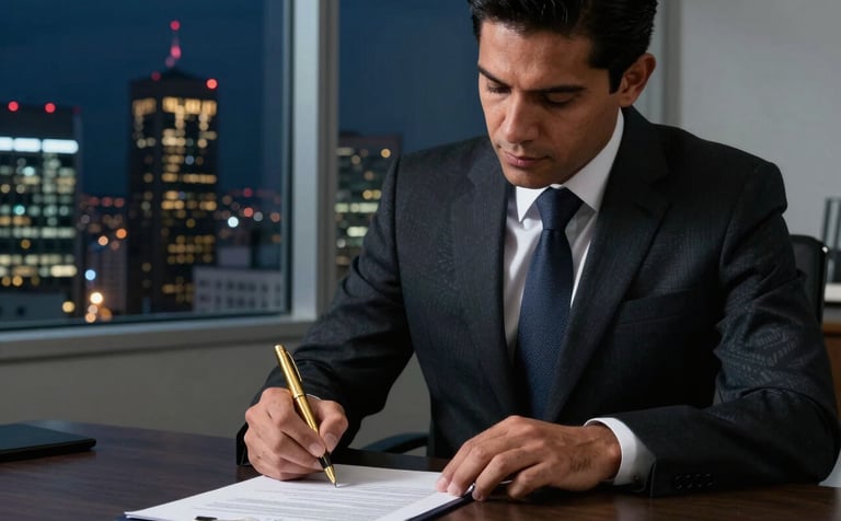 Close-up photography of a serious South American executive in a dark tailored suit signing a legal contract with a premium golden pen. The setting is a minimalist office in a skyscraper in Quito, Ecuador, with a night view of the financial district through the window. Lighting is dramatic, highlighting metallic and dark blue tones.