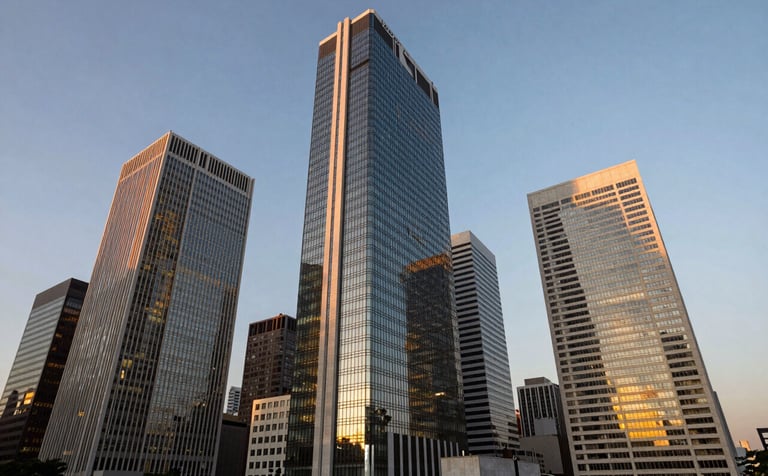 Wide-angle photograph of a modern, imposing financial district in South America during twilight. The cold steel and glass buildings are illuminated with gold lighting, reflecting a scene of absolute corporate power, technology, and strategic discipline.
