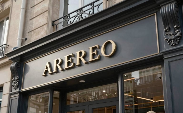 Photography of a modern and elegant storefront signage in a busy street of Paris. The design is sleek, featuring embossed metallic lettering and clean glass. Sharp architectural detail, professional lighting, daylight.