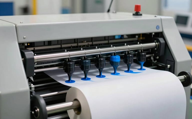 Close-up of a high-tech industrial printing press in operation within a modern facility. Sharp focus on professional paper rolls and vibrant black and blue inks being applied with precision. Clean, industrial aesthetic, Western European setting.