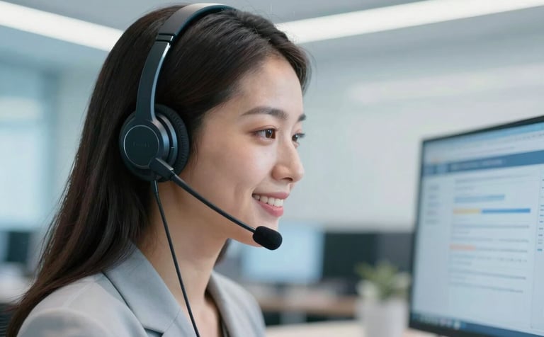 A close-up photograph of a professional woman wearing a sleek headset, smiling while looking at a computer screen. The office environment is modern with soft sky blue and ice white accents. The lighting is clean and bright, conveying a sense of efficient customer service.