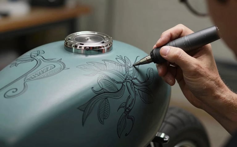 A macro photography shot of an artist's hand using a precision airbrush to apply a detailed mural onto a motorcycle fuel tank. The setting is a professional US workshop. The color palette includes muted teal and dark slate, emphasizing bespoke craftsmanship and fine artistry.