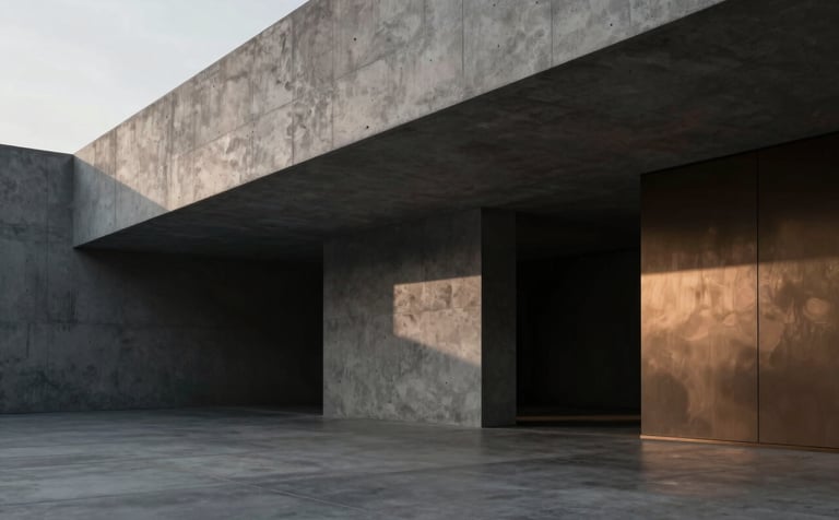 Exclusive minimalist architecture featuring raw concrete surfaces and sharp geometric shadows. The style is authoritative and industrial luxury, incorporating deep charcoal and subtle metallic bronze highlights. Soft, dramatic side-lighting.