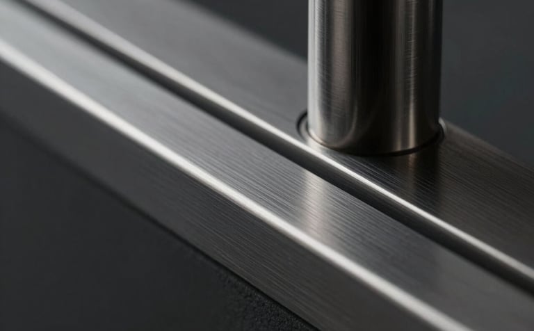 A close-up, high-detail shot of brushed dark steel and industrial hardware. Professional, cold, and structured lighting. Color palette focused on anthracite and deep metallic tones to reflect technical precision.