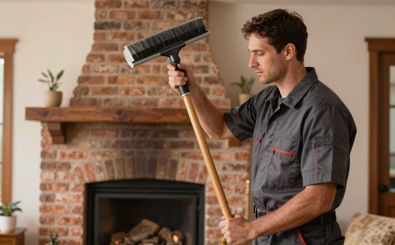 A professional technician in a clean dark gray uniform performing a chimney sweep in a cozy North American living room. The lighting is warm and natural. The background shows a well-maintained brick fireplace. High-quality photography, sharp focus, emphasizing reliability and cleanliness.