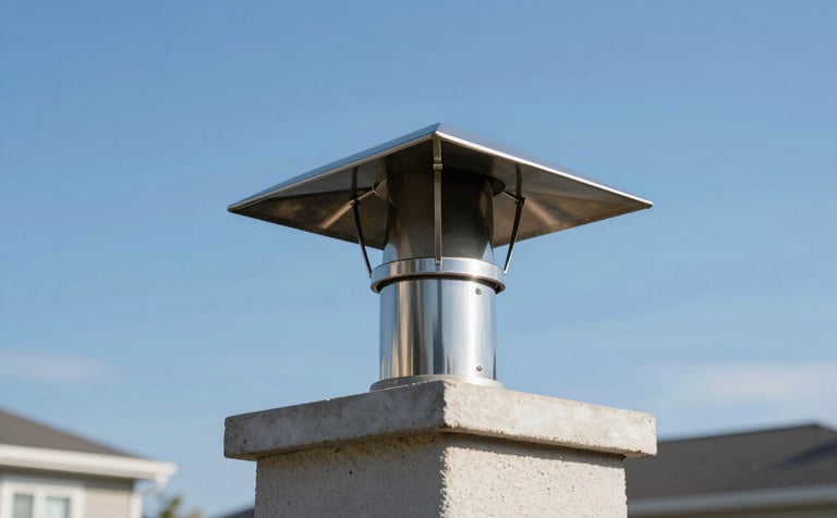 Low angle shot of a shiny new stainless steel chimney cap installed on a clean chimney top against a clear blue sky in a North American neighborhood. The composition is modern and clean, showcasing high-quality installation and protection from elements.