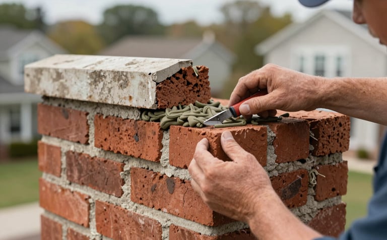 Detailed photography of expert masonry repair on a residential chimney in a North American suburb. A craftsman's hands are seen carefully repointing brickwork with fresh mortar. Professional tools are visible. Soft daylight highlights the textures of the red brick and light gray mortar.