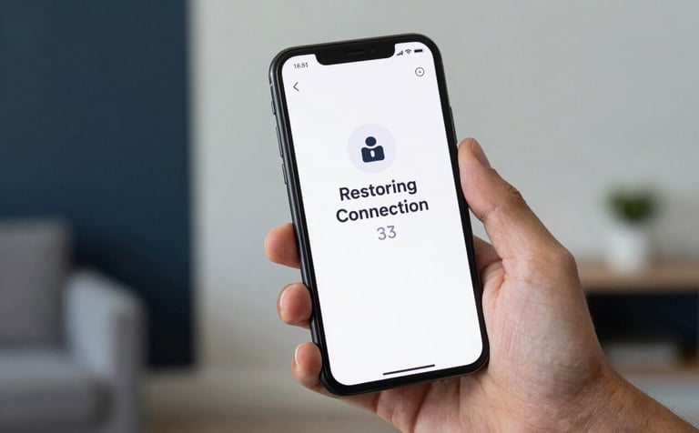 A smartphone held in a hand, displaying a security application dashboard with a 'Restoring Connection' status. The background is a clean, modern home interior with hints of dark navy and gray-blue shadows, emphasizing reliability.