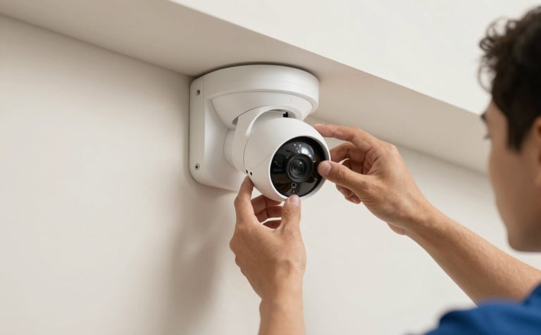 A close-up photograph of a technician's hands carefully adjusting a sleek white security camera mounted on a modern house wall. The lighting is bright and professional, with a palette of soft off-white and muted blue tones, conveying expertise and precision.
