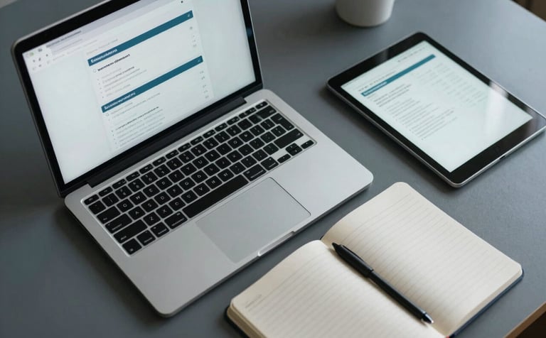 A top-down view of a tidy, modern desk featuring a laptop, a notebook, and a tablet. The screen shows a subscription management interface. The scene is lit with cool, natural light in gray-blue and soft off-white.