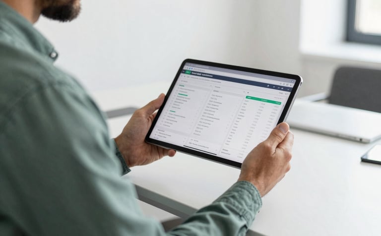 A lifestyle shot of a professional in a muted pine green shirt holding a thin tablet displaying data. The background is a blurred modern office in mist white. Natural daylight emphasizes a clean and efficient workspace.