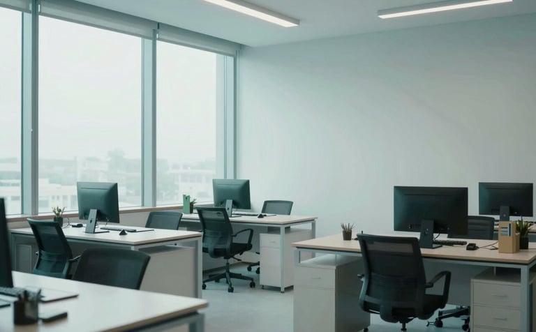 An eye-level shot of an organized minimalist office space. Large windows let in soft light, reflecting off surfaces in soft aqua and mist white. The atmosphere is professional and sophisticated.