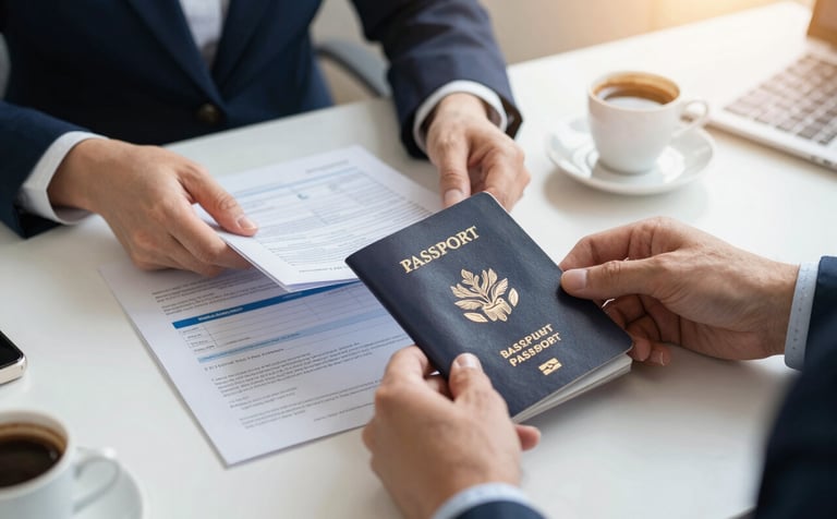A professional desk setting in a sunlit North American office. A person's hands are reviewing passport documents and official forms with a Turkish coffee cup nearby. Soft, warm morning light, professional and hopeful mood. Use a palette of dark blue and light blue.