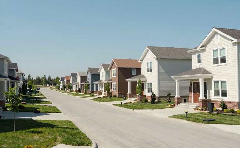A view of a modern North American residential street with tidy houses and green lawns. The composition is clean and welcoming, symbolizing a new home for a Turkish family. Bright, clear daylight. Use medium blue and off white tones.