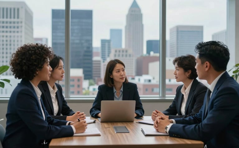 A group of professionals, reflecting a North American diverse workplace, engaged in a collaborative meeting. The atmosphere is empathetic and empowering. Large windows showing a North American city skyline in the background. Palette of dark blue and medium blue.