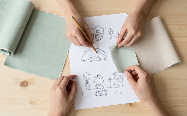 Professional top-down shot of a minimalist wooden workspace. Hands are seen arranging child-friendly design sketches and swatches of soft sage green and beige fabrics. The aesthetic is clean, modern, and highly professional.