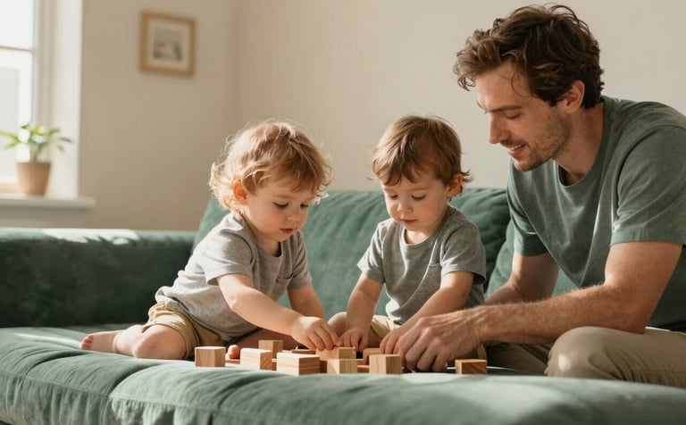 A lifestyle photograph of a parent and a toddler interacting over a set of wooden building blocks in a bright, sunlit room. The decor features soft beige walls and deep sage green textiles. The lighting is warm and natural, creating a premium and trustworthy atmosphere.