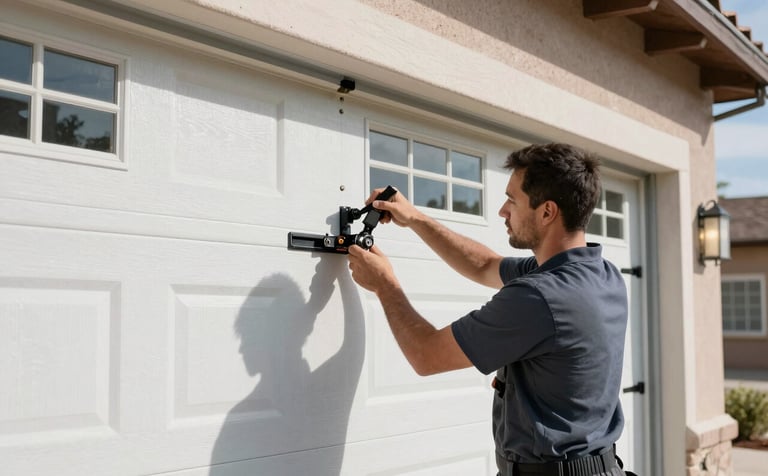 A professional technician installing a modern, insulated garage door on a residential home in New Mexico. The focus is on the precision and quality of the mechanical components. Professional attire and bright daylight.