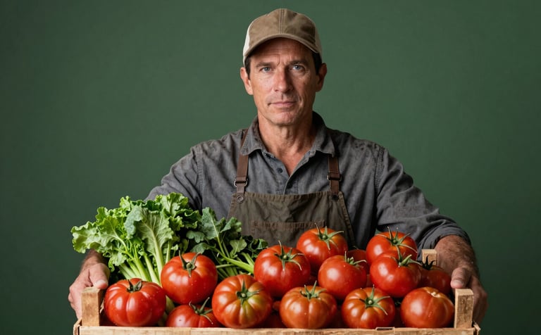 A medium photography shot of a North American farmer holding a wooden crate of Deep Ripe Crimson tomatoes and vibrant greens in a stylish, rustic food market. High-contrast lighting highlights the textures of the produce and the Matte Forest Green background.