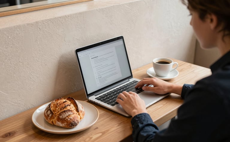 A top-down professional shot of a digital marketing strategist working in a cozy, modern North American bistro with Crisp Parchment walls. They are using a laptop next to a plate of fresh, artisanal sourdough and a cup of coffee. Warm, natural lighting and sophisticated, professional mood.