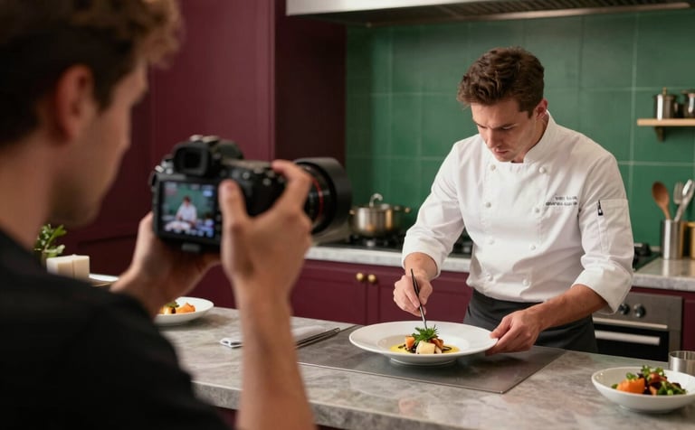 An over-the-shoulder shot of a filmmaker using a high-end camera to capture a chef plating a dish in a modern North American kitchen. The setting features Deep Ripe Crimson and Matte Forest Green accents, with soft, sophisticated lighting.