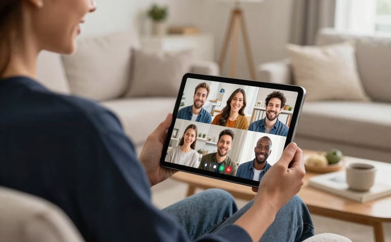 A warm and inviting living room in a North American / US home. An adult is smiling while using a tablet for a group video call, showing several friendly faces on the screen. The scene is lit with warm, sophisticated tones, utilizing a background palette of Deep Navy and Soft Cloud White.