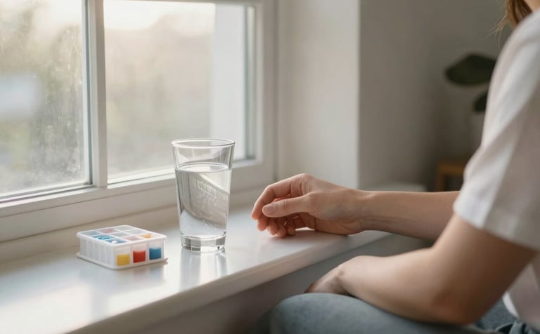 A serene morning scene in a modern North American / US home. A person sits calmly by a sunlit window with a glass of water and a small medication organizer. The lighting is soft and airy, featuring a palette of Soft Cloud White and Muted Steel, reflecting a mood of dependable companionship and routine management.