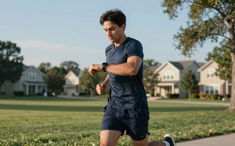 A person jogging through a peaceful North American / US residential park during a clear afternoon. They are glancing at a smartwatch to monitor their progress. The composition is dynamic yet calm, with colors like Deep Navy and Muted Steel in the athletic attire against a natural, clean backdrop.