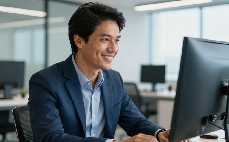 A Brazilian professional in business casual attire smiling while looking at a monitor, blurred modern office interior in the background, bright and airy South American setting, featuring deep blue and light blue environmental colors.