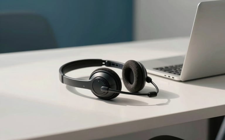 A clean and modern workstation in a South American office, featuring a high-quality professional headset resting on a white desk next to a sleek laptop, soft morning light, with accents of medium blue and off-white in the background.