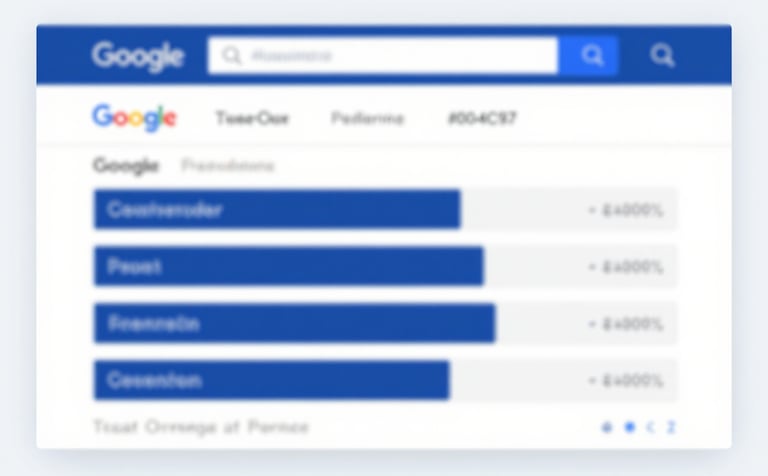A clean, data-focused visualization showing a Google search results page with a website at the top. The image uses a professional blue and white palette (#004C97, #FFFFFF), symbolizing trust and clarity. The composition is modern and uncluttered, emphasizing growth and visibility.