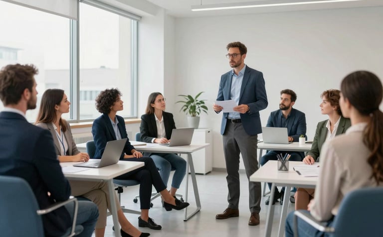 A professional training session in a modern Southern European office. A safety expert in a business casual outfit is explaining workplace safety protocols to a group of attentive professionals. The room is bright with large windows, featuring furniture in off-white and steel blue tones.